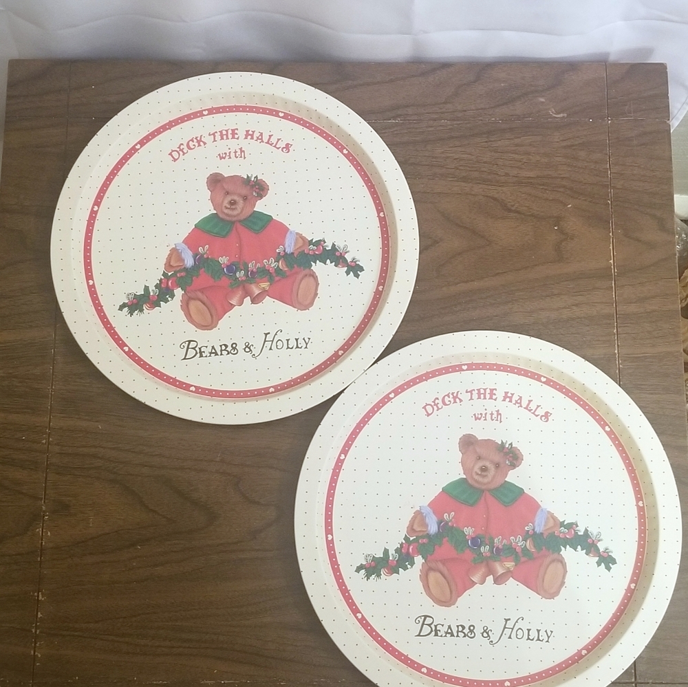 2 13 Inch Tin Christmas Cookie Trays with Deck the Halls with Bears and Holly